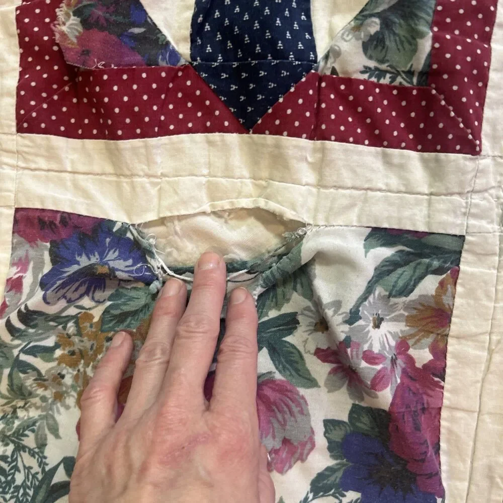 Vtg Twin Handmade Quilt Burgundy And Blue Floral 80x64 Twin Cottage Country